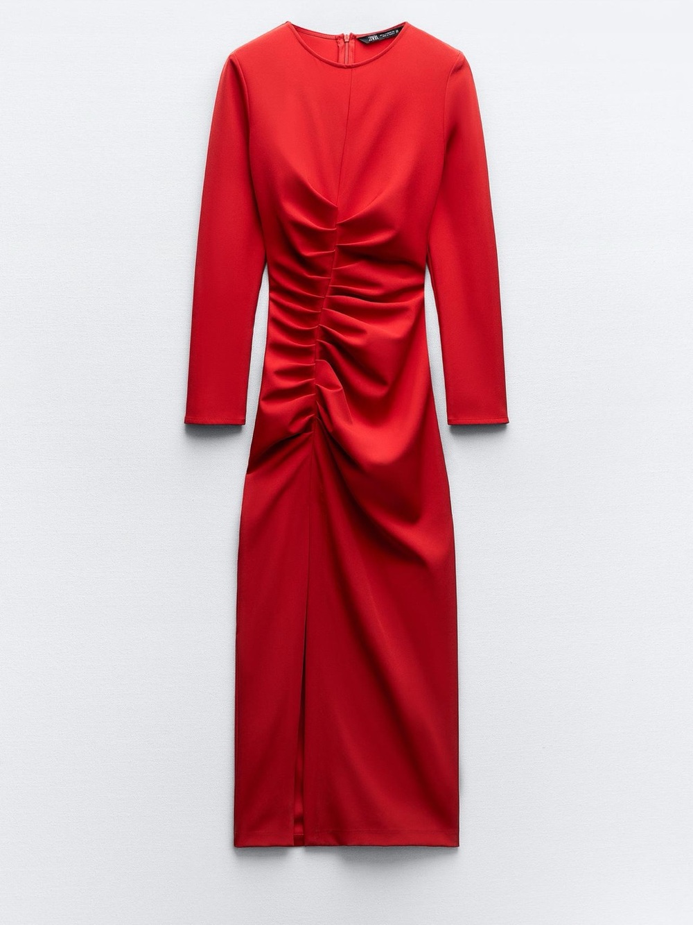 Zara BNWT Red Ruched Long-Sleeve Midi Dress - Elegant Evening Wear